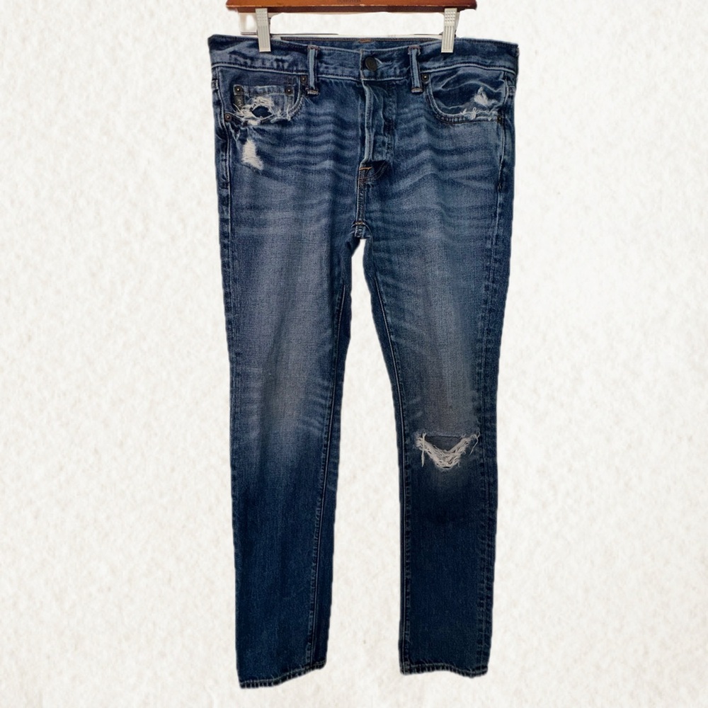 Abercrombie & Fitch mens Skinny Jeans 33x32 | 2010s Distressed Medium Wash Denim